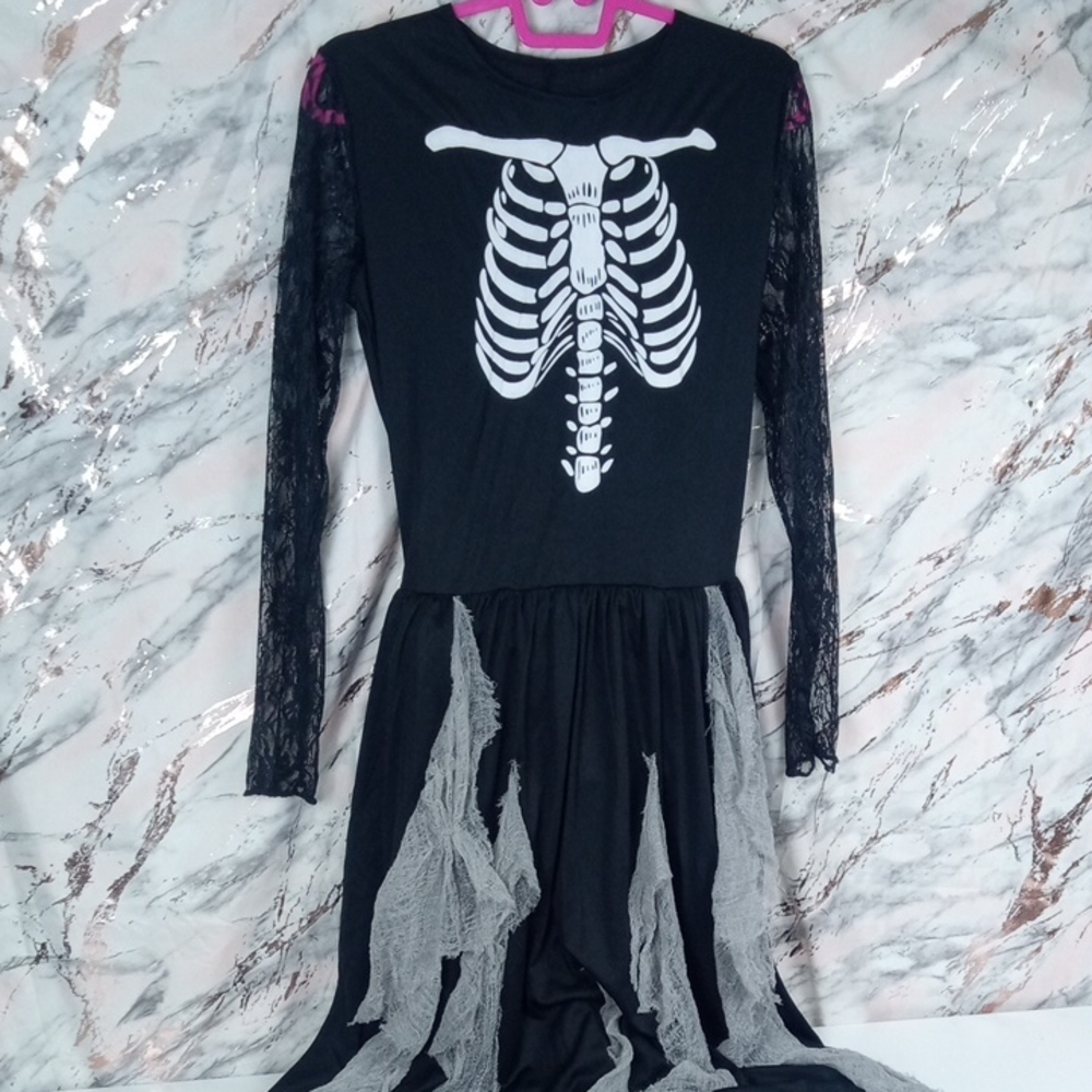 👻 Black Skeleton Lace Sleeve Halloween Costume Dress